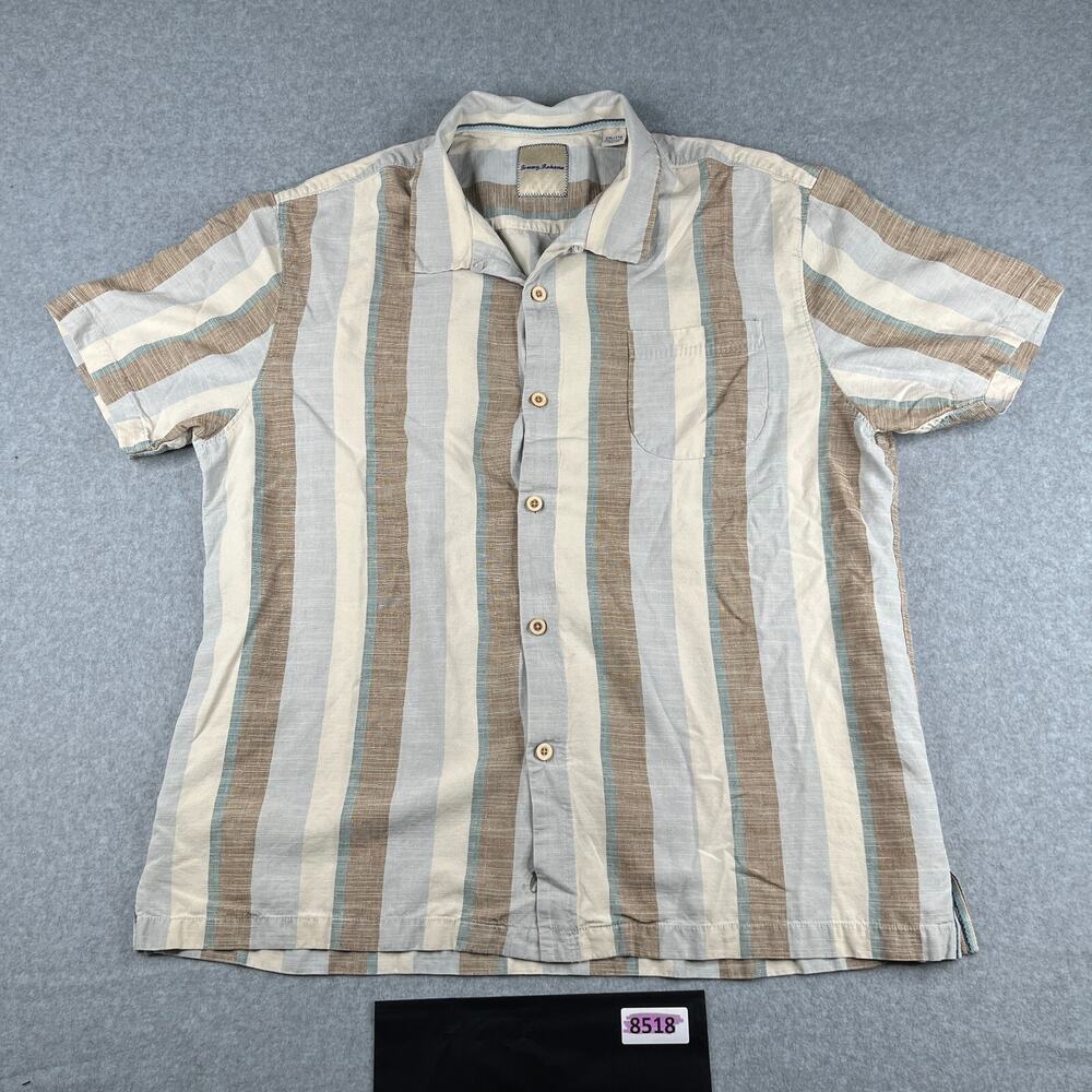 Tommy Bahama Shirt 2XL Beige Blue Striped Silk Beach Button Up Short Sleeve Mens
